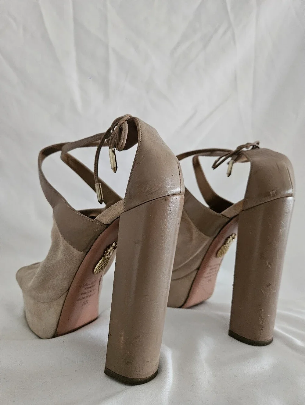 Aquazzura Beige Taupe Suede Platform Peep-Toe Heels
